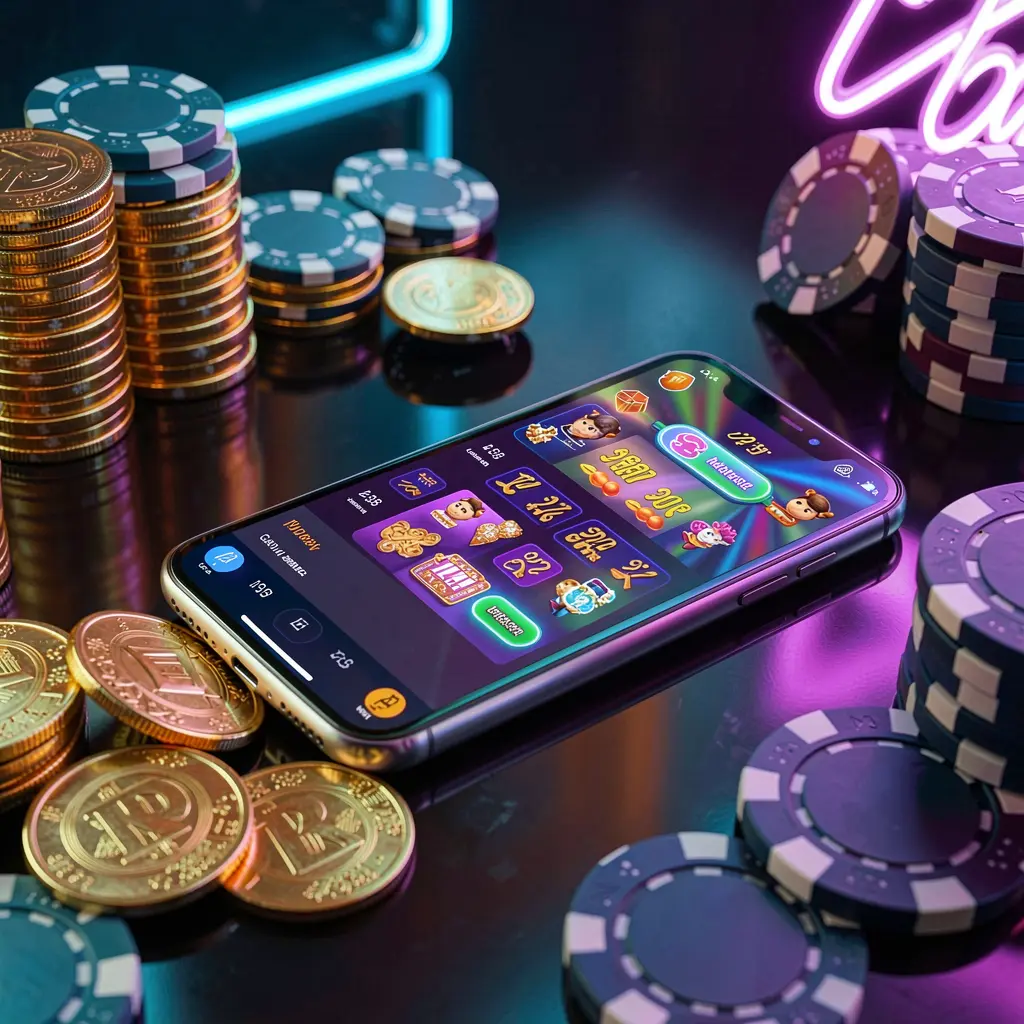 Dasbor aplikasi kasino seluler RKGG di ponsel pintar yang menampilkan antarmuka permainan berwarna-warni dengan koin emas dan chip poker di atas meja mengilap di bawah pencahayaan neon elegan