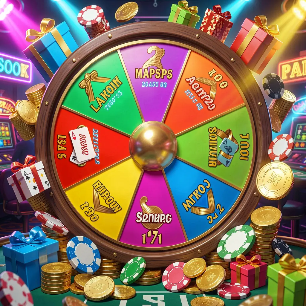 Roda bonus kasino RKGG dengan bagian hadiah berwarna-warni dikelilingi koin emas, chip, dan kotak hadiah di bawah lampu kasino neon terang dalam komposisi dinamis