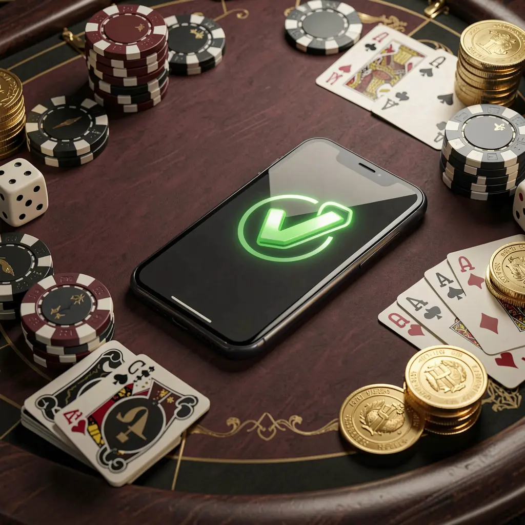 Konsep masuk kasino aman RKGG yang menampilkan ponsel pintar dengan ikon tanda centang verifikasi dikelilingi chip, kartu, dadu, dan koin emas di atas meja kasino mewah yang elegan dalam render 3D realistis