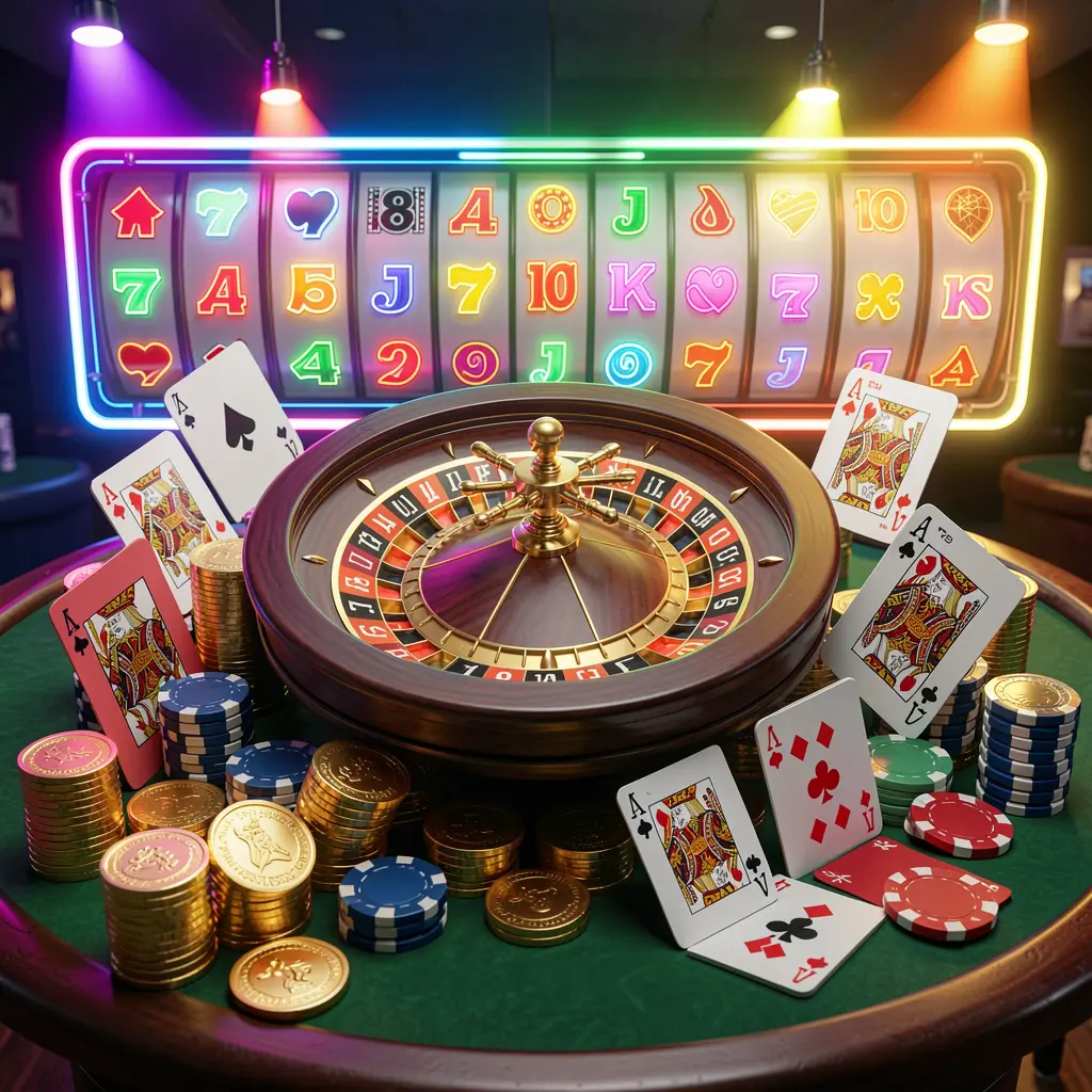 Visual beranda kasino RKGG yang menampilkan render 3D realistis dari roda roulette, chip poker, kartu remi, koin emas, dan lampu jackpot neon terang dalam komposisi dinamis