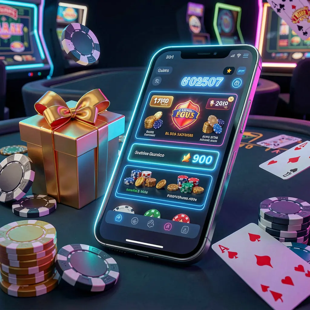 Adegan utama situs web kasino modern yang menampilkan ponsel pintar dengan antarmuka bercahaya dikelilingi kotak hadiah bonus, chip, koin, dan kartu remi dalam gaya kasino neon premium, menampilkan lingkungan permainan bertanggung jawab RKGG di Indonesia